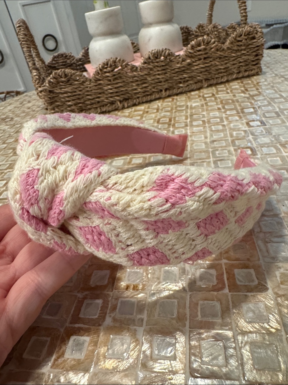 Pink and Cream Braided Knit Headband